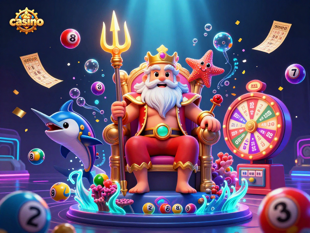 Engage in casino fun with Neptune and vibrant lottery elements in a dynamic underwater scene.