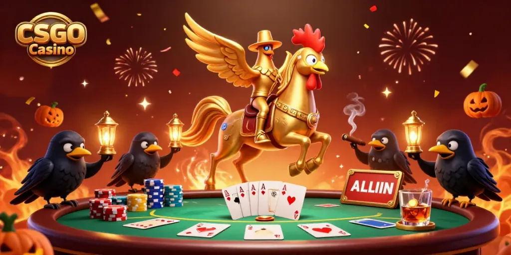 Experience the excitement of the CSGO Casino with a vibrant 3D illustration of a golden rooster and companions celebrating at a poker table.