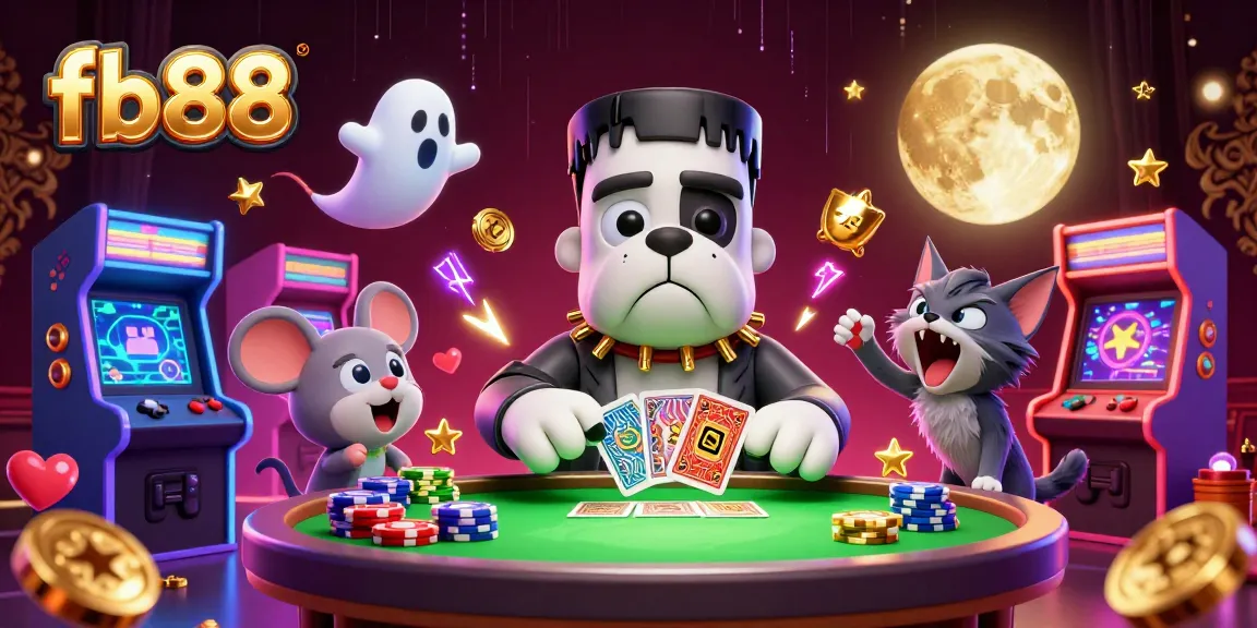 Engage with the vibrant world of fb88, featuring a playful Frankenstein bulldog dealer and exciting casino elements.