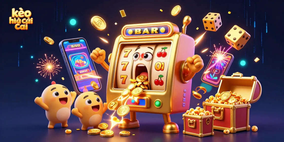 Celebrate kèo nhà cái with a cartoon slot machine hitting a jackpot while coins explode in joyous chaos.
