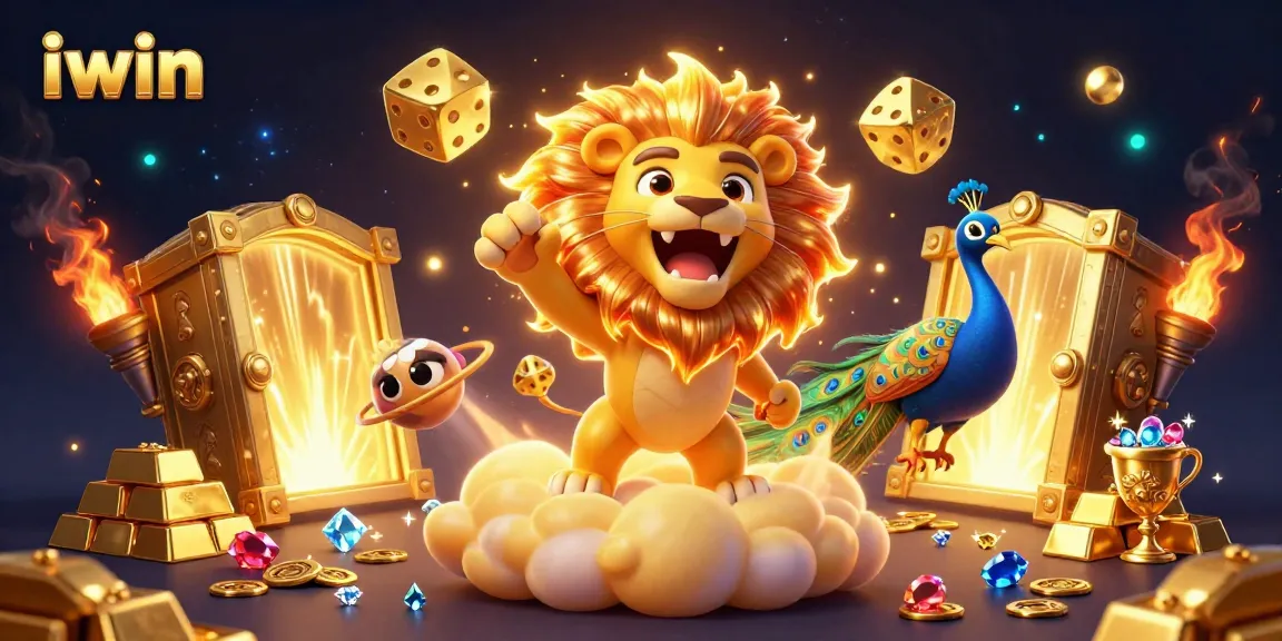 iwin's triumphant casino scene with dynamic 3D characters and rich gold elements.