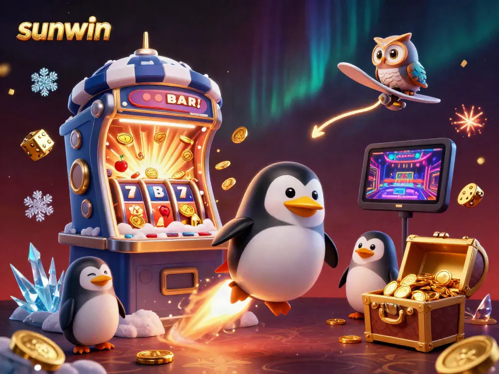 Experience the thrill of sunwin with a golden penguin and jackpot action in a vibrant casino space.