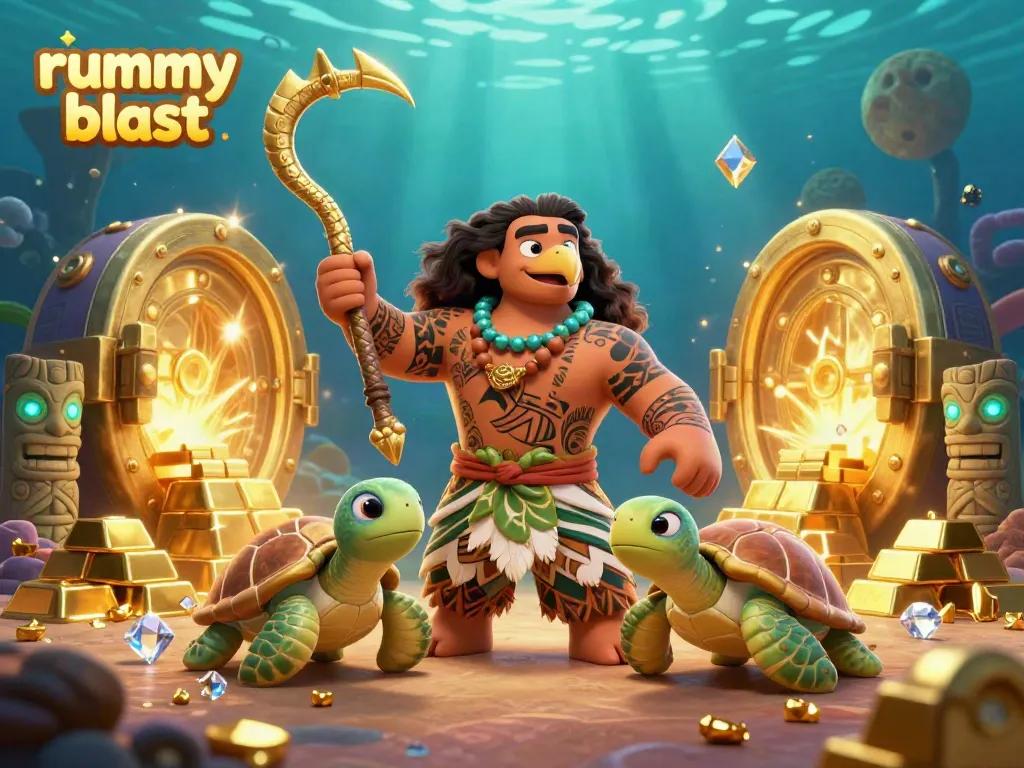 Engage in Rummy Blast excitement with a dynamic scene featuring a demigod hawk and treasures.