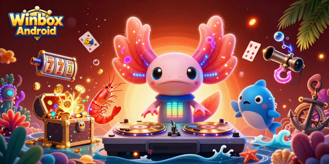 Play the Winbox Android experience with 3D casino-themed characters and vibrant elements.