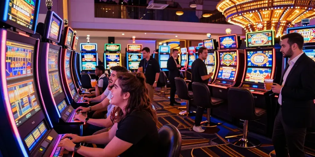 Friends playing akunjp slot machines in a lively casino atmosphere