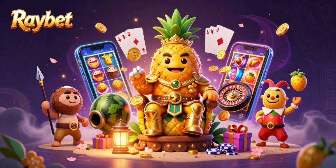 Raybet showcases an exciting casino scene with a pineapple king, vibrant games, and golden treasures.