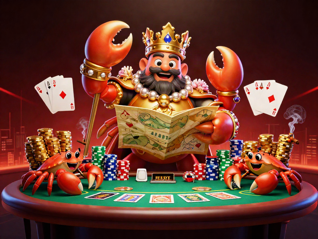Experience the thrill of athenshappytrain with this vibrant casino illustration showcasing a golden crab emperor and poker elements.