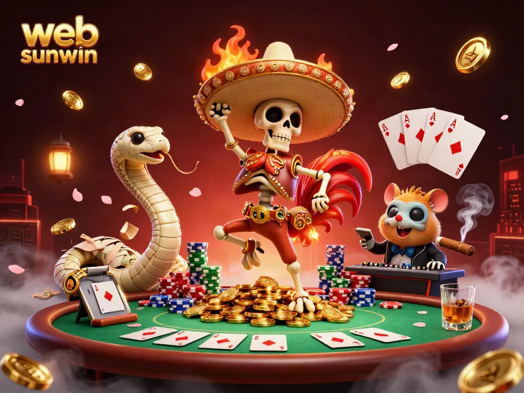 Exciting scene of web sunwin with a victorious mariachi rooster dancing atop gold coins surrounded by casino elements.