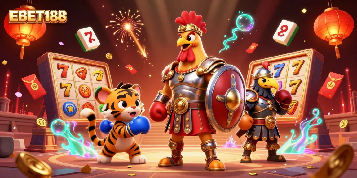 Engage with EBET188's thrilling slot gaming experience amidst vibrant casino illustration.