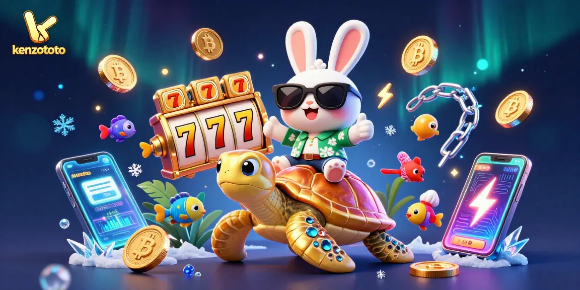 Kenzototo engagingly showcases an adorable lucky rabbit and golden sea turtle amidst vibrant slot elements and crypto coins.