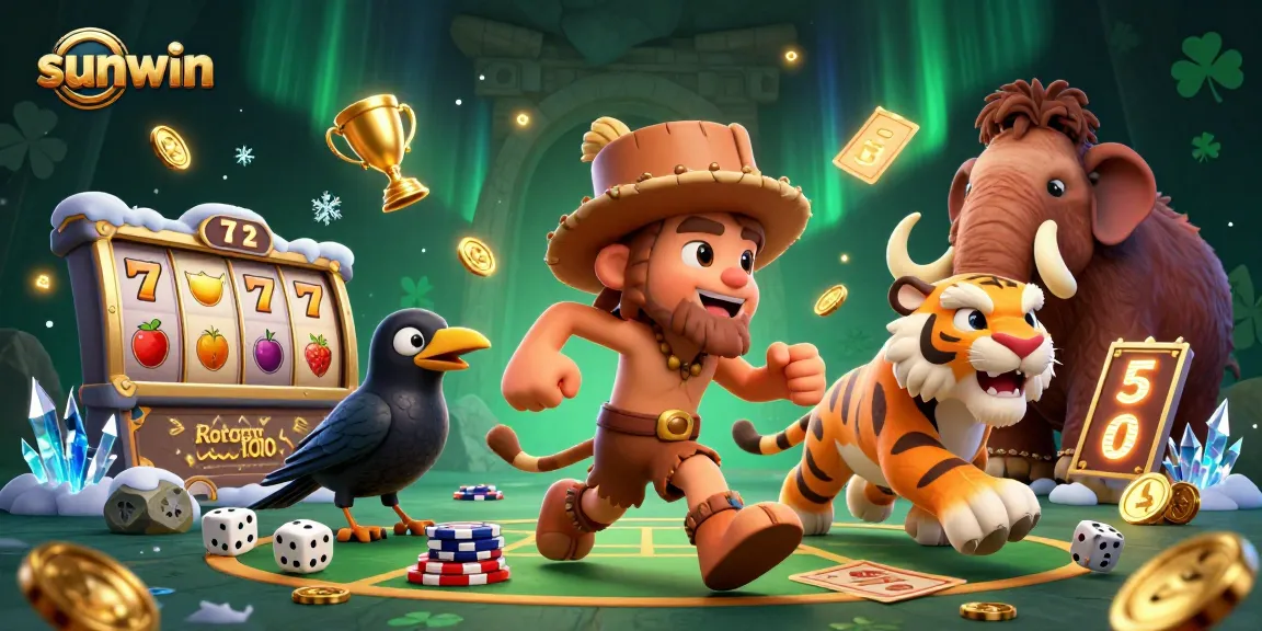 Play exciting slot games with sunwin in a prehistoric casino scene filled with engaging elements.