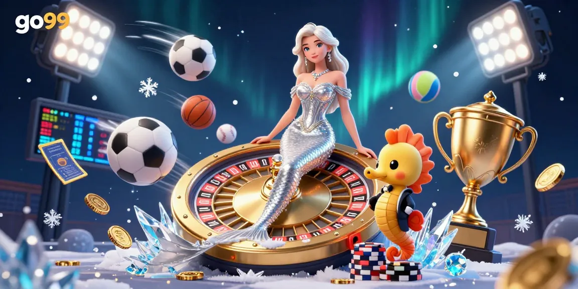 Experience the excitement of go99 in a vibrant casino scene featuring a stunning woman and playful seahorse.