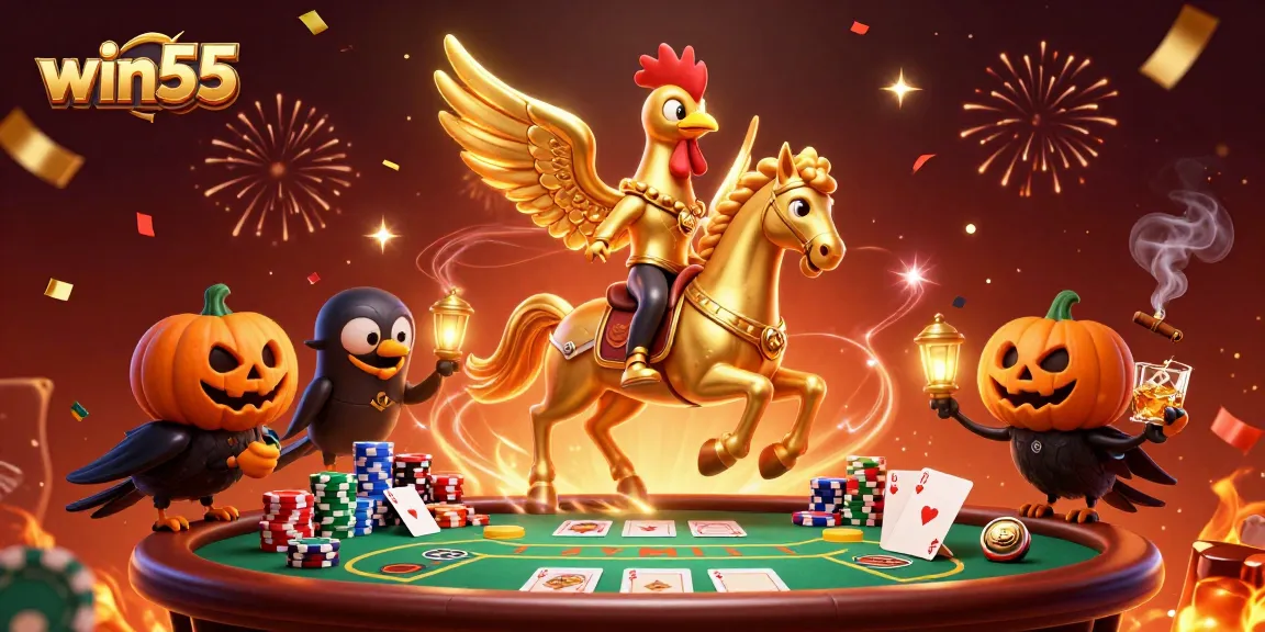 Engage with win55's exciting casino games featuring a golden rooster and poker elements in an animated scene.