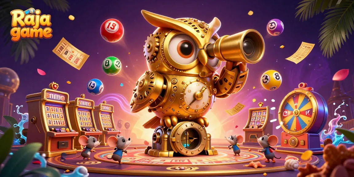 Engage in thrilling gameplay with Raja game amidst vibrant casino elements like lottery balls and prize wheels.