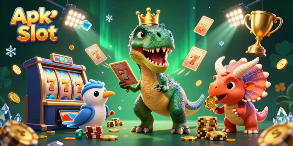 Permainan slot Apk Slot dengan karakter lucu Dinosaurus dalam suasana kasino yang menyenangkan.