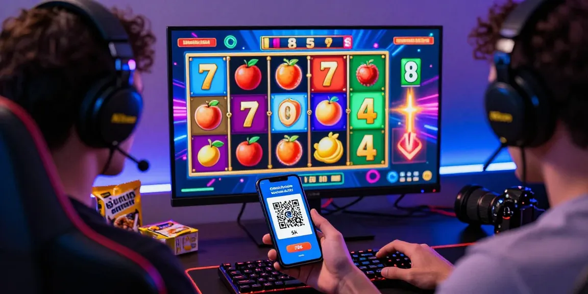Player engaged in online slot game with slot deposit qris 5k QR code on mobile device in vibrant gaming setup.
