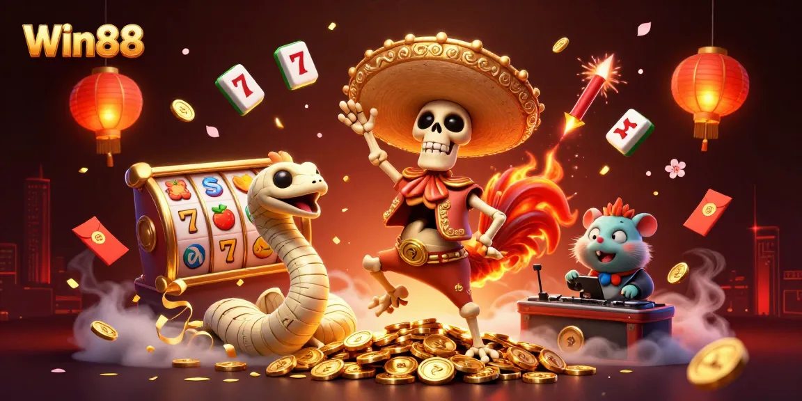 Win88 engages players with a dynamic 3D illustration of a mariachi rooster celebrating on slot reels amidst vibrant casino elements.