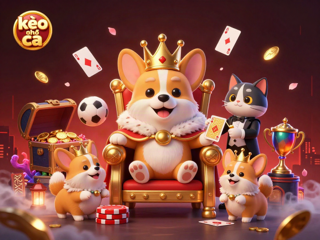 Engage with the excitement of kèo nhà cái as a royal corgi sits on a poker chip throne amid dynamic gambling elements.