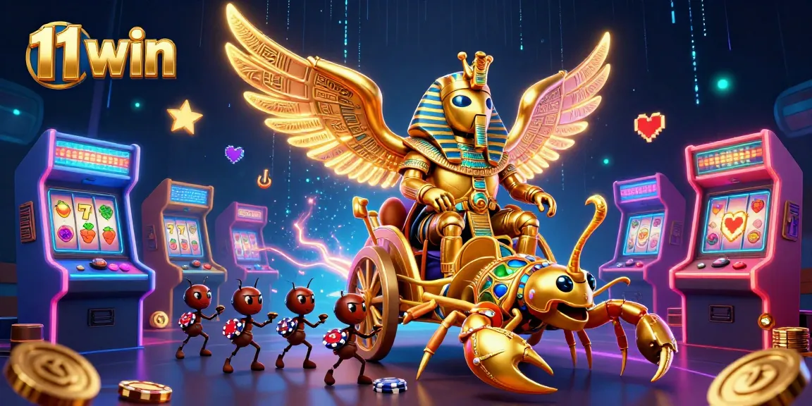 Engage in the thrill of 11 win with a spectacular gaming scene featuring a golden scarab and scorpions amidst vibrant arcade elements.