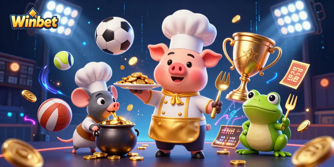 Winbet showcases themed casino fun with cartoon characters, rich elements, and vibrant energy.