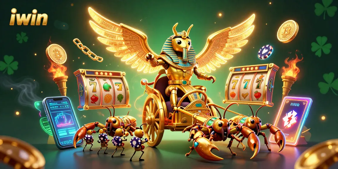 Play slot games with iwin's colossal golden beetle and fortunate symbols in a vibrant casino scene.