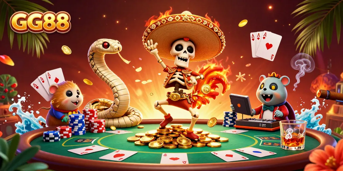 Experience casino excitement with GG88 in this vibrant 3D illustration showcasing a lively victory dance