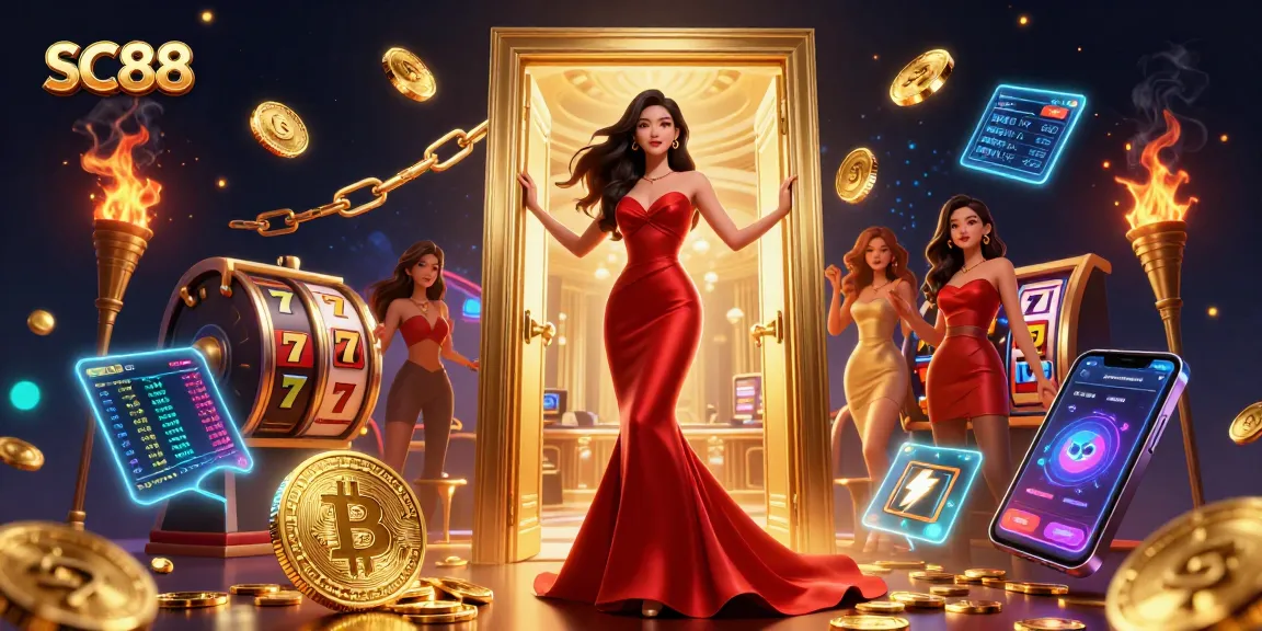 Engage with SC88's vibrant casino experience featuring a beautiful Asian woman welcoming players in an opulent setting.