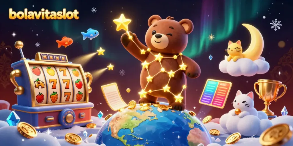 Experience the thrill of bolavitaslot with a vibrant scene of a constellation bear scooping up coins amidst dazzling slot machines.