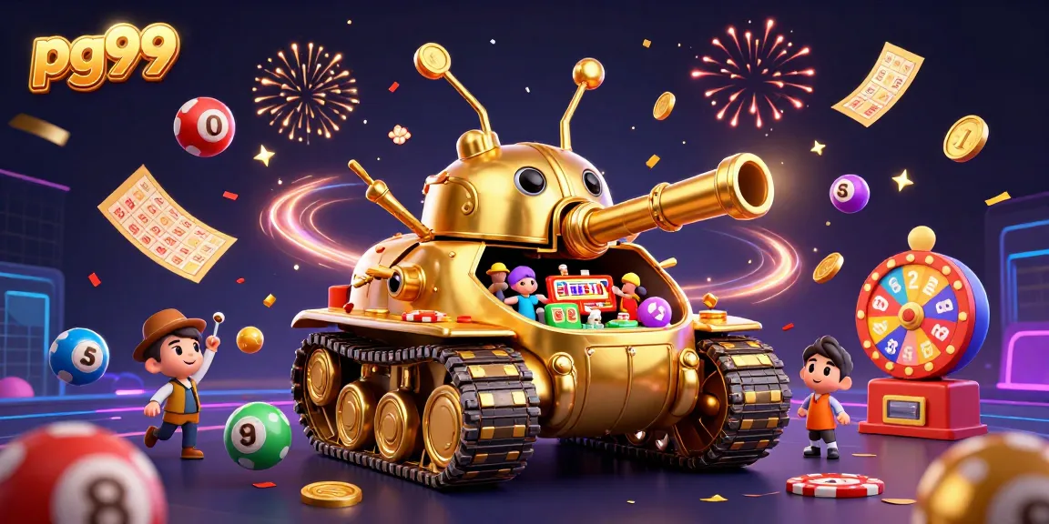 Experience the excitement of pg99 with a golden beetle tank opening a mini casino filled with colorful lottery balls.