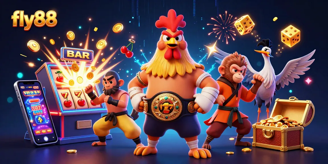 Engage with fly88's vibrant casino world featuring a dynamic 3D rooster and martial artist, jackpot delights await!