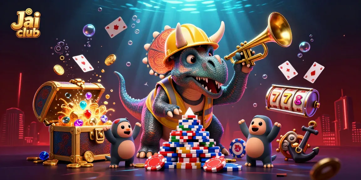 Playing casino games at Jai club with a lively triceratops and parasaurolophus surrounded by poker chips and treasure.