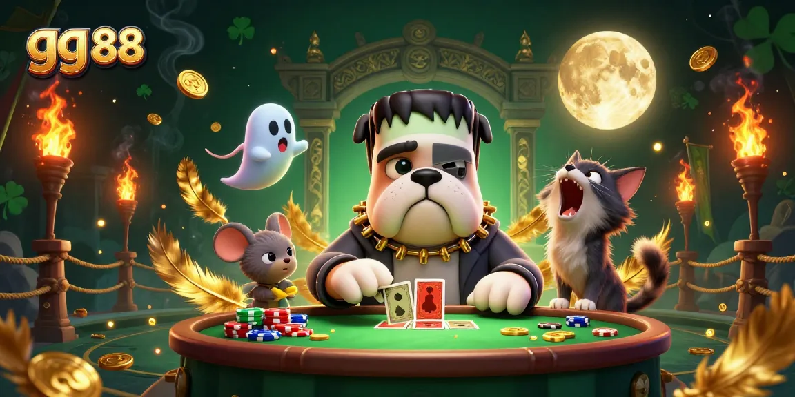 Experience thrilling gameplay with gg 88 as the Frankenstein bulldog deals cards in a mystical casino.
