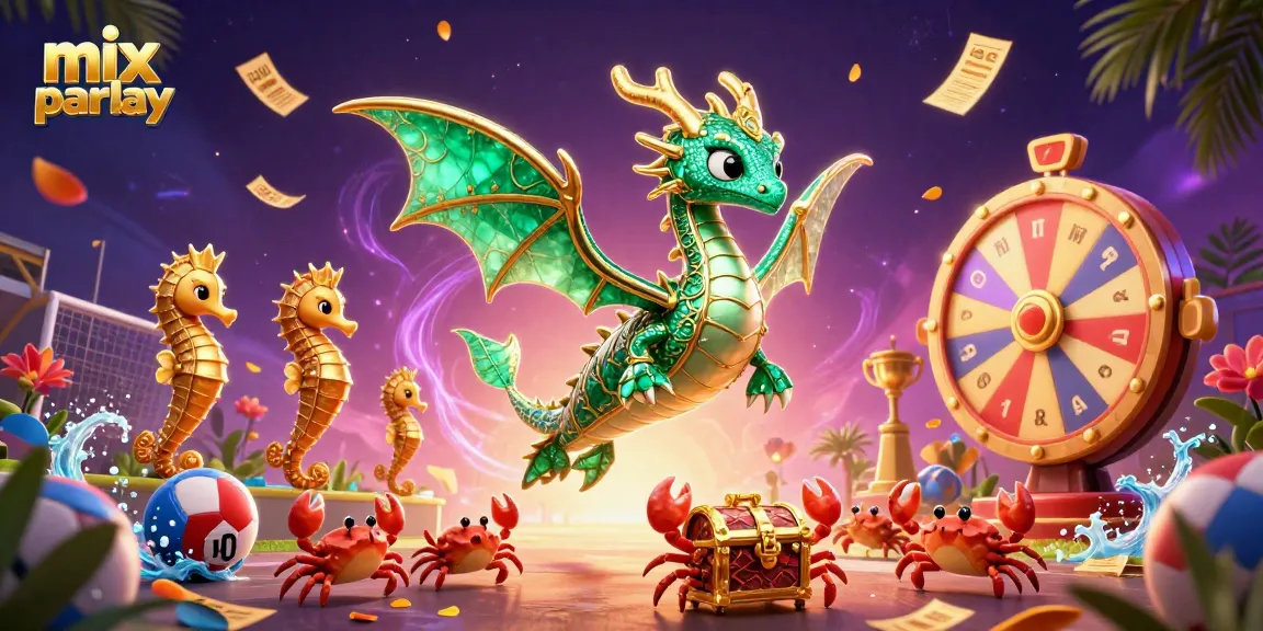 Engage in sports betting with mix parlay, featuring a colorful scene of vibrant balls, seahorse guards, and dynamic prize elements.
