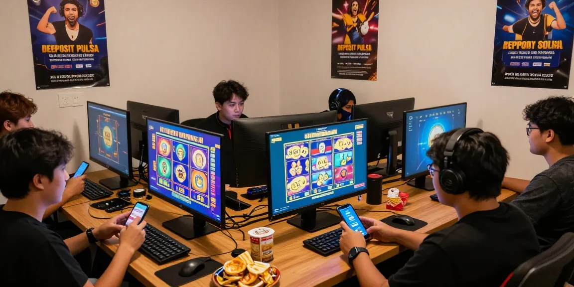 Players experiencing online slots with deposit pulsa tanpa potongan benefits, enjoying a lively gaming session at home.