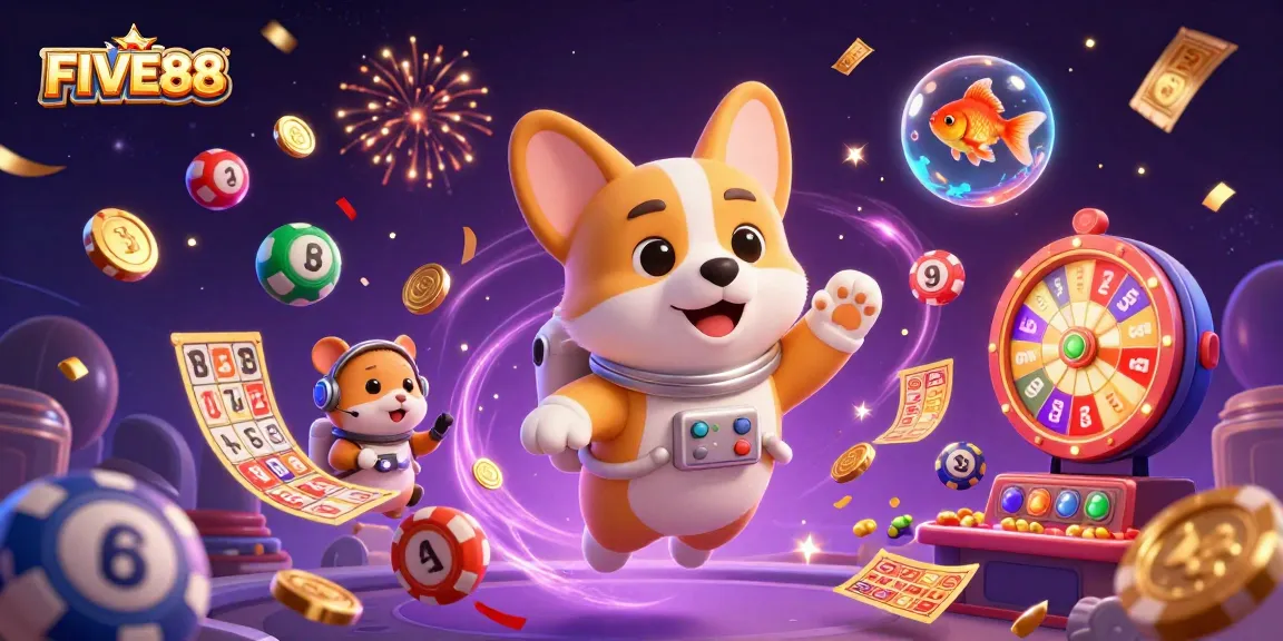 Join the excitement at FIVE88 with thrilling casino games and lottery fun at our dynamic illustration.