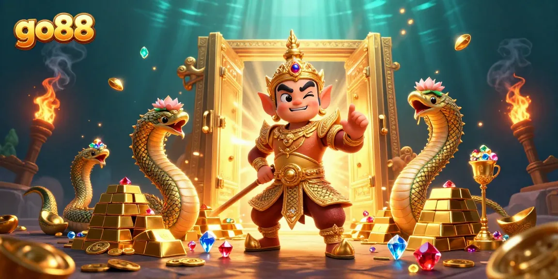 Experience the excitement of go88 with our vibrant 3D casino illustration featuring lively characters and gold treasures.