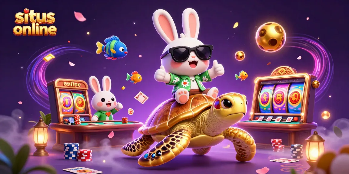 Engage with situs casino online featuring an adorable lucky rabbit and golden turtle amidst dynamic poker and casino elements.