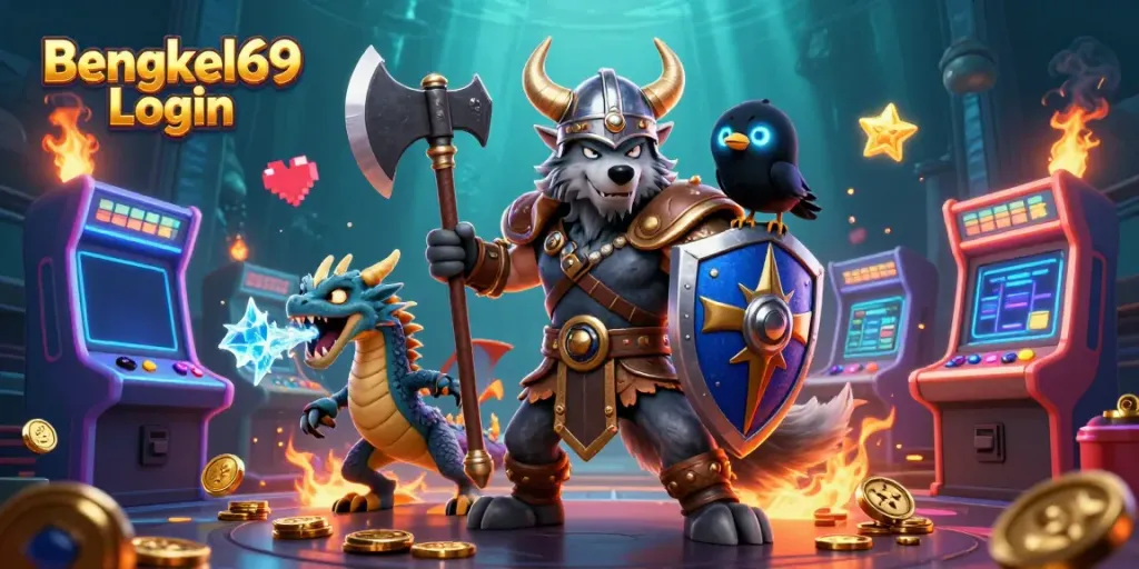 Experience exciting gaming with Bengkel69 Login featuring a Viking warrior, dragon, and vibrant arcade elements.