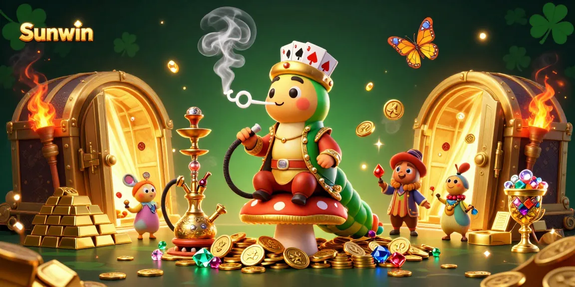 Experience the vibrant world of Sunwin with a unique casino scene featuring an enormous caterpillar and gold treasures.