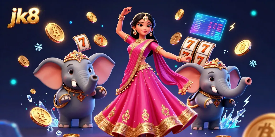 Experience the excitement of jk8 with vibrant casino elements, a stunning Asian woman, and a bejeweled elephant in this digital illustration.