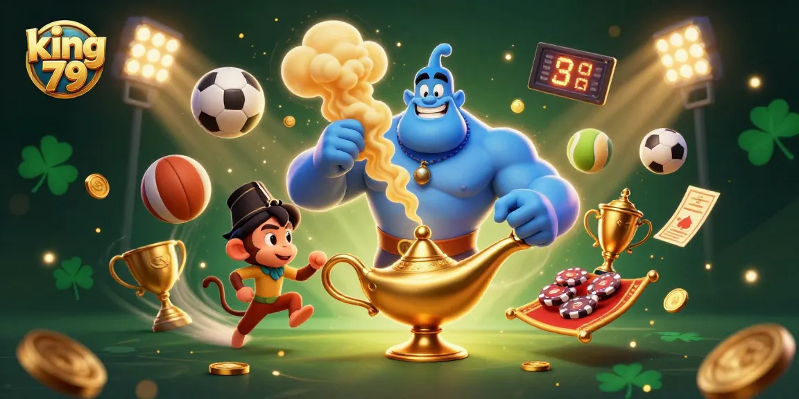 Experience thrilling gameplay with king 79 featuring a vibrant scene of a genie and sports elements.