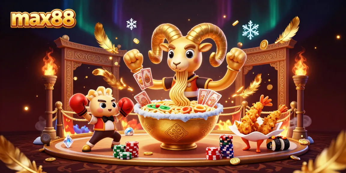 Experience max88 gaming with dynamic 3D characters like a ramen bowl dealer and sushi roll in action.