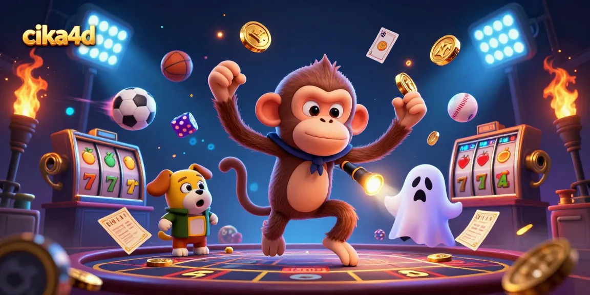Experience thrilling gameplay with cika4d in an electrifying casino scene featuring dynamic slot elements and a playful ghost-hunter puppy.