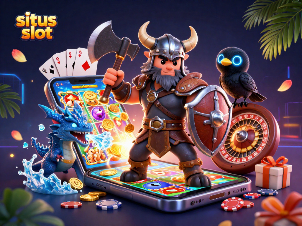 Bermain situs slot dengan karakter Viking, naga, dan burung gagak dalam ilustrasi menarik dan penuh warna.