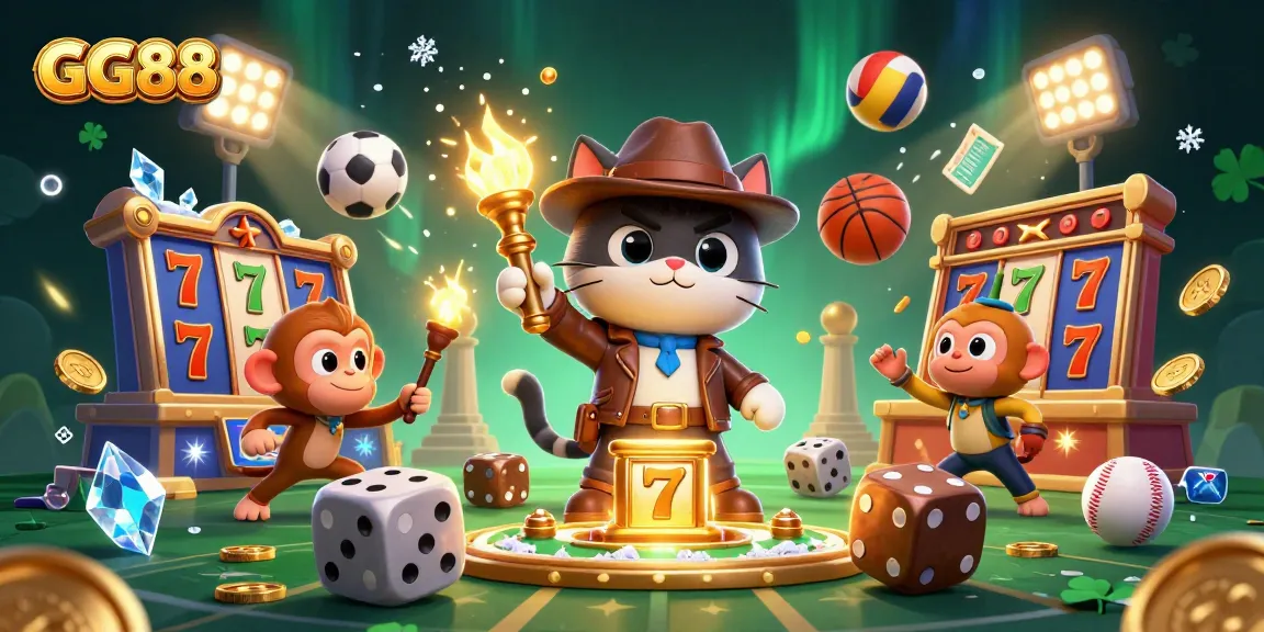Win big with GG88 as a cat explorer discovers casino treasures in a vibrant 3D scene.