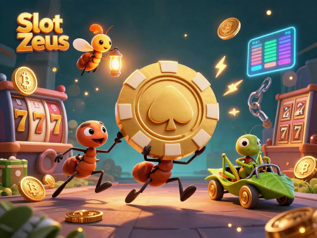 Engaging scene of Slot Zeus with cartoon ants heisting a giant poker chip surrounded by vibrant slot game symbols.
