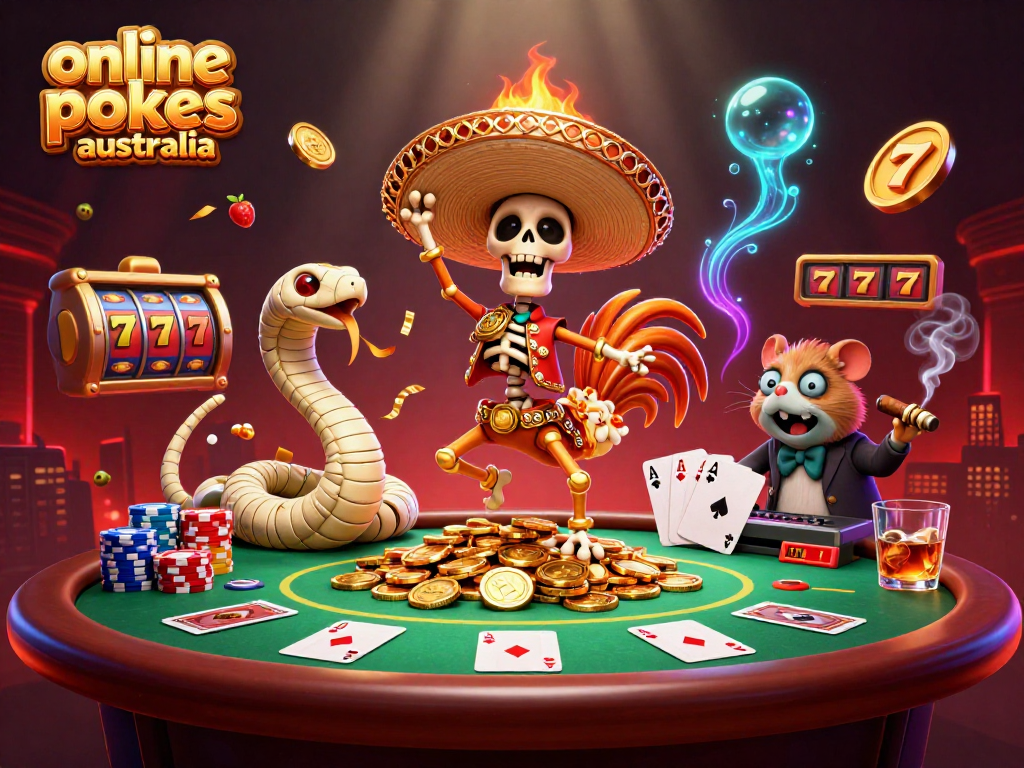 Play exciting online pokies Australia with vibrant characters celebrating wins among poker elements.