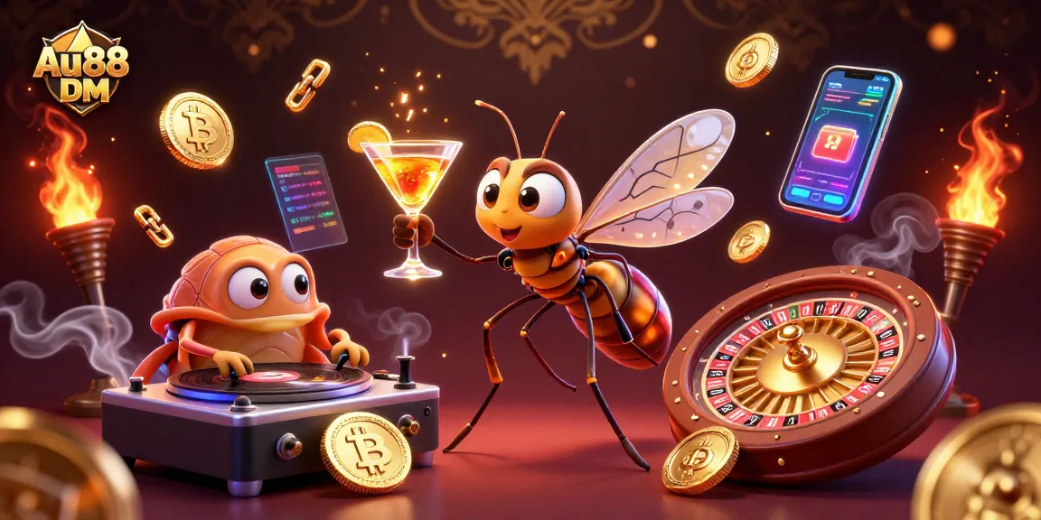 Engage with exciting rewards at Au88 DM, featuring a lively casino mascot amidst vibrant 3D elements.