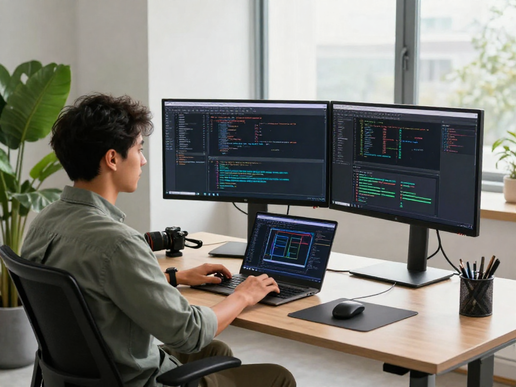 Developer berkonsentrasi pada coding wifi4d di ruang kerja modern dengan cahaya alami.