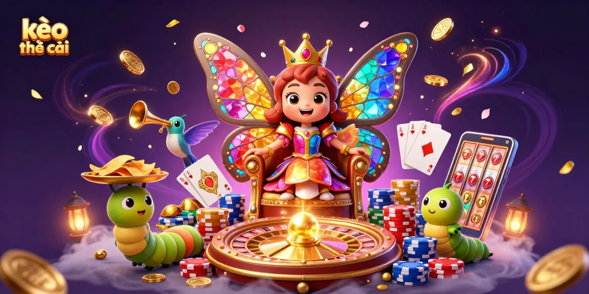 Engage with kèo nhà cái in a vibrant, dynamic casino scene featuring a butterfly queen with golden chips.